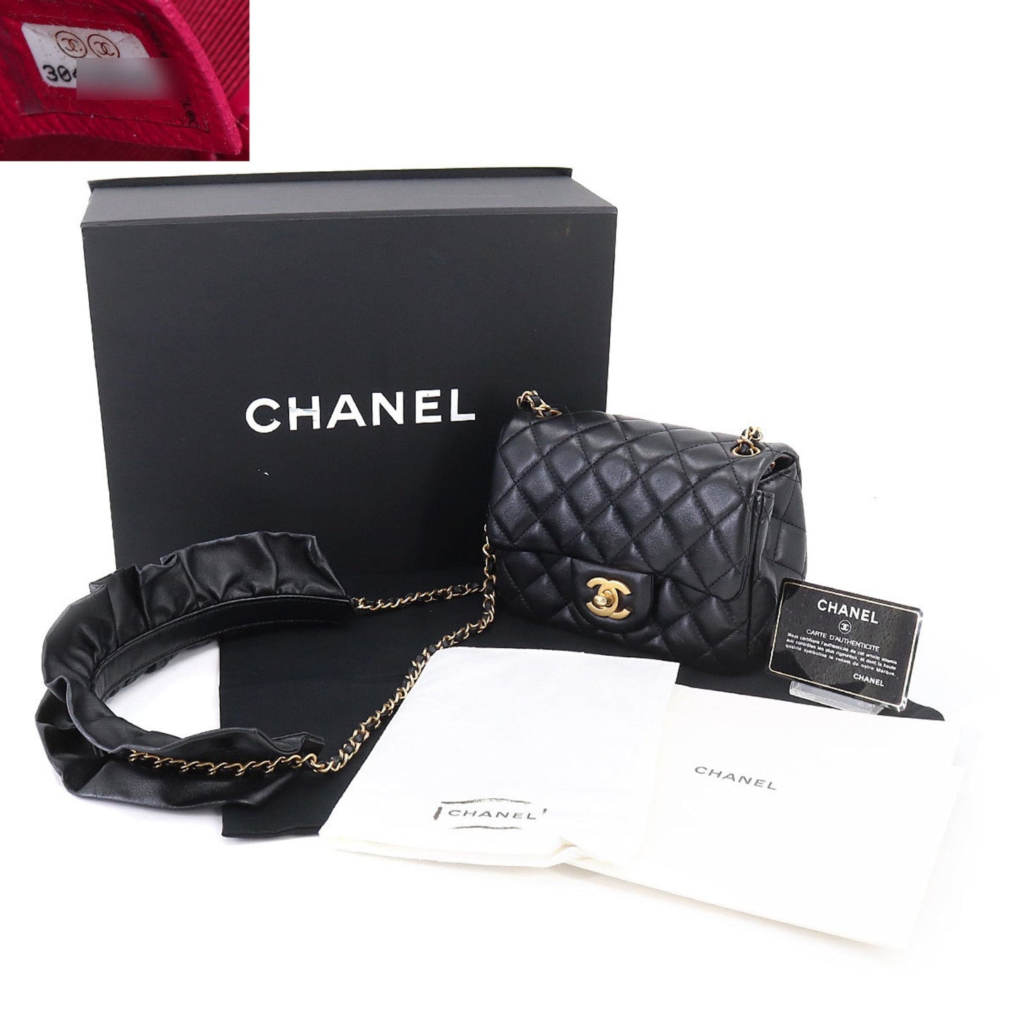 CHANEL Mini Matelasse Frill Chain Shoulder Bag Leather Black Gold Hardware