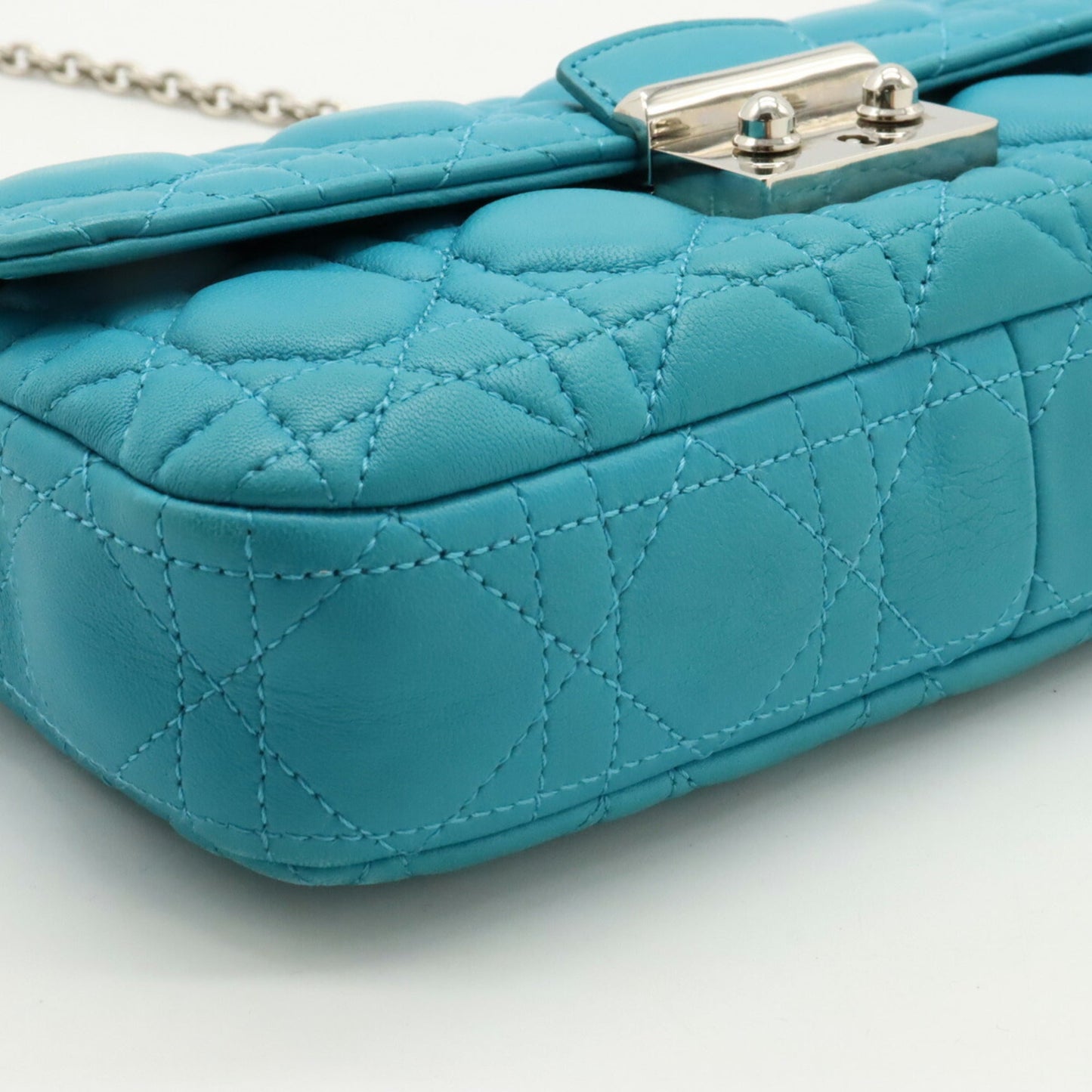 Christian Dior Miss Cannage New Rock Chain Wallet Clutch Bag Leather Turquoise Blue