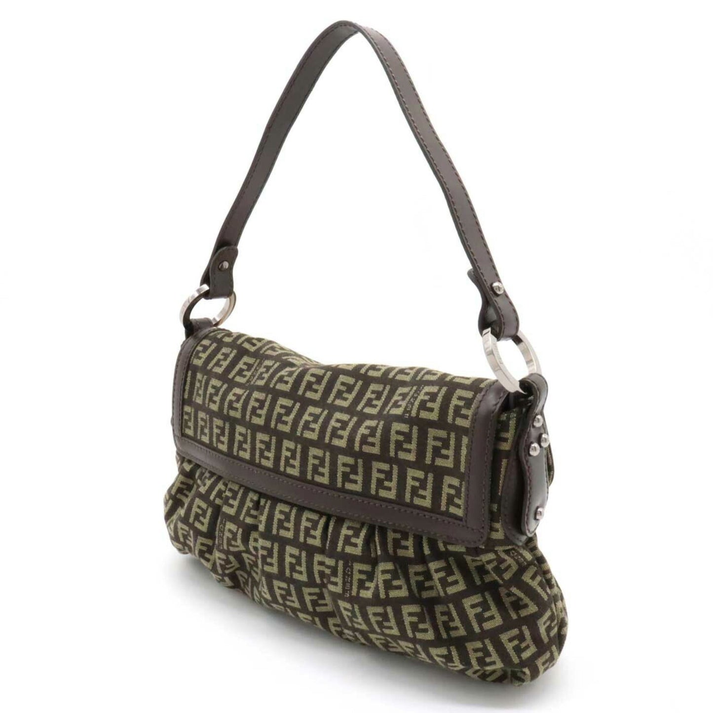 FENDI Zucchino Pattern Chef Bag Shoulder Handbag Canvas Dark Brown Beige 8BR353