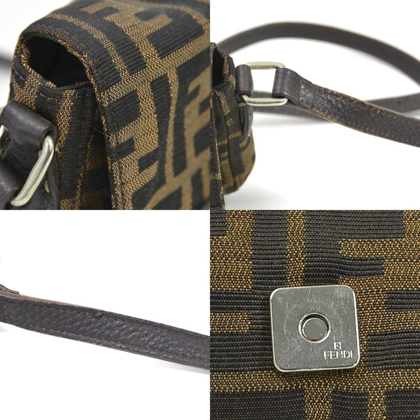 Fendi Crossbody Shoulder Bag Zucca Selleria Canvas/Leather Brown Silver Women's