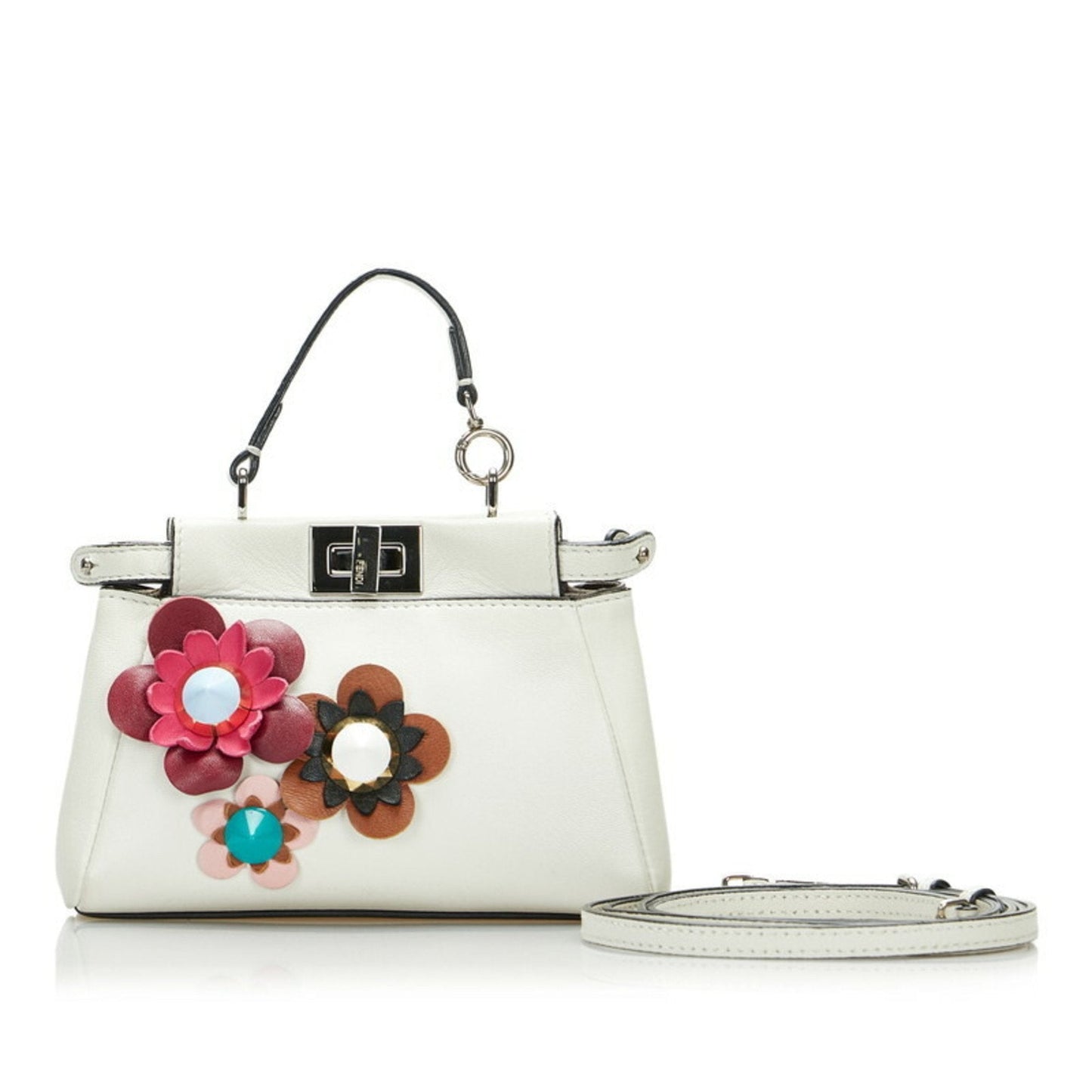 FENDI Micro Peekaboo Flower Motif Handbag Shoulder Bag 8M0355 White Leather Ladies