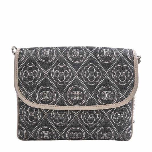 CHANEL Canvas Camellia Coco Mark Chain Shoulder Bag Gray Ladies