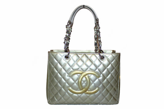 Chanel Silver Patent Quilted Leather Large Grand Shopping Tote Shoulder Bag