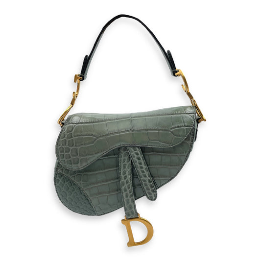 Saddle with Long strap Mini Green Shoulder Bag in Alligator, Gold hardware