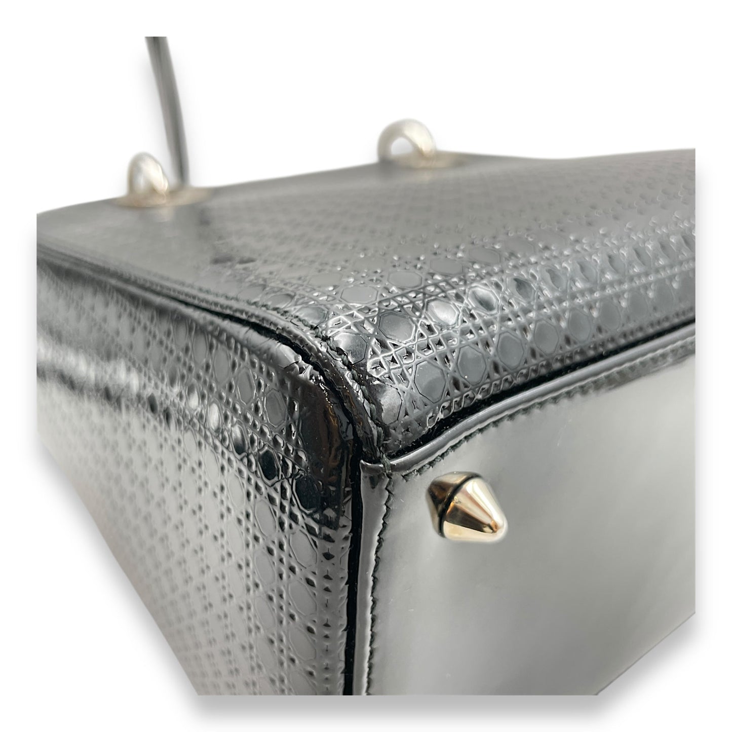 Lady Dior Cannage Tote with Zipper Medium Black Top Handle Bag in Patent, Silver hardware