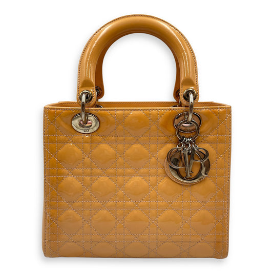 Lady Dior Cannage Medium Orange Shoulder Bag in Patent Leather, Silver hardware