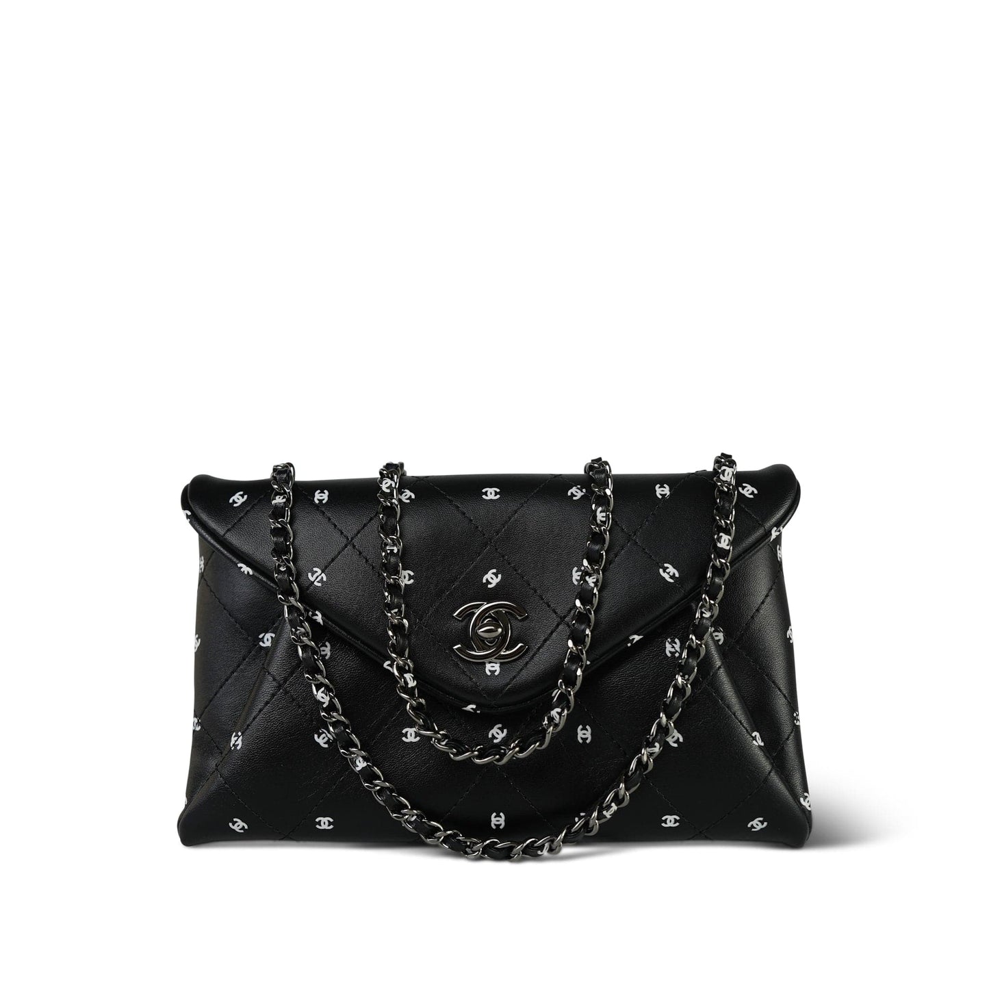 Black Lambskin Quilted CC Printed Envelope Flap Bag Clutch With Chain SHW