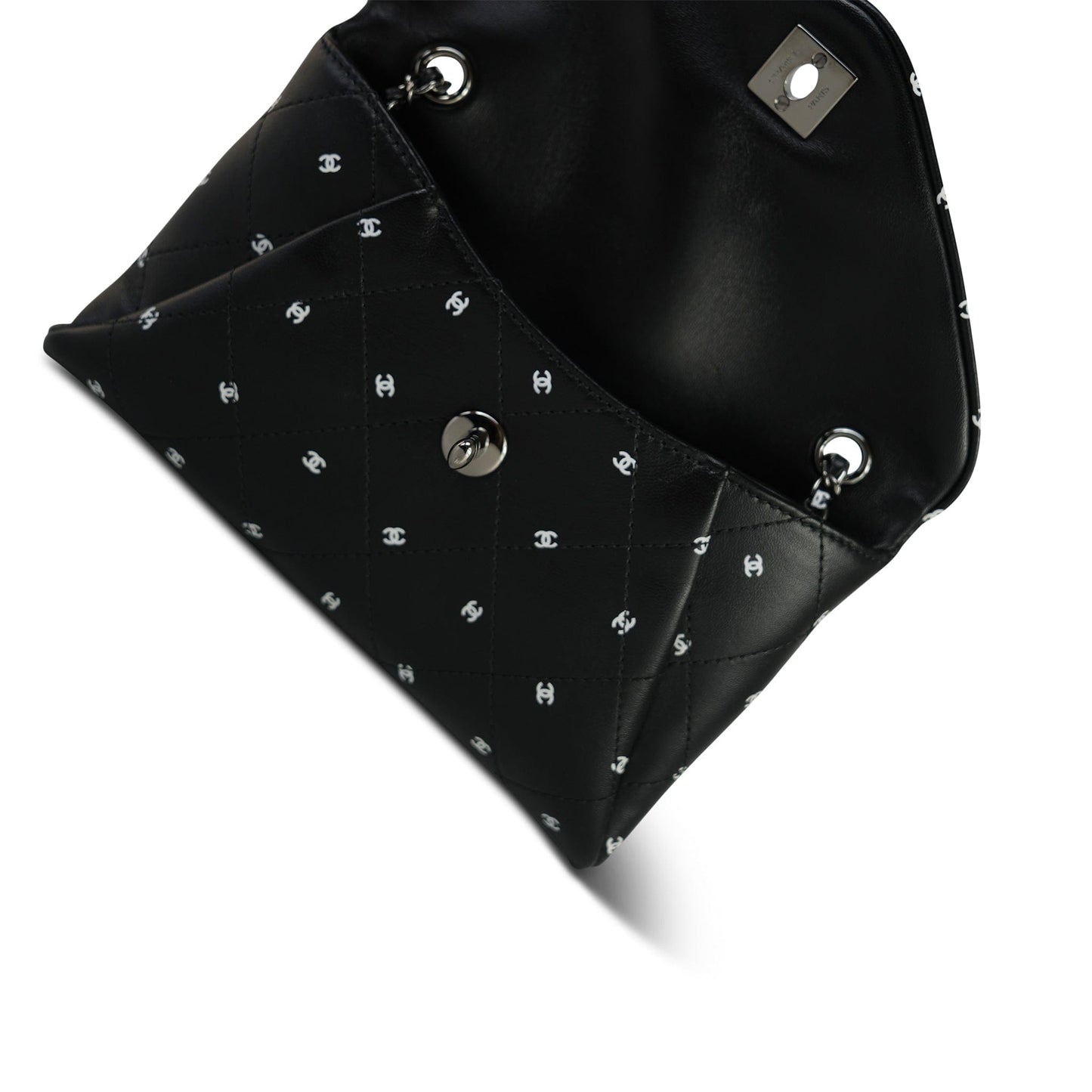 Black Lambskin Quilted CC Printed Envelope Flap Bag Clutch With Chain SHW