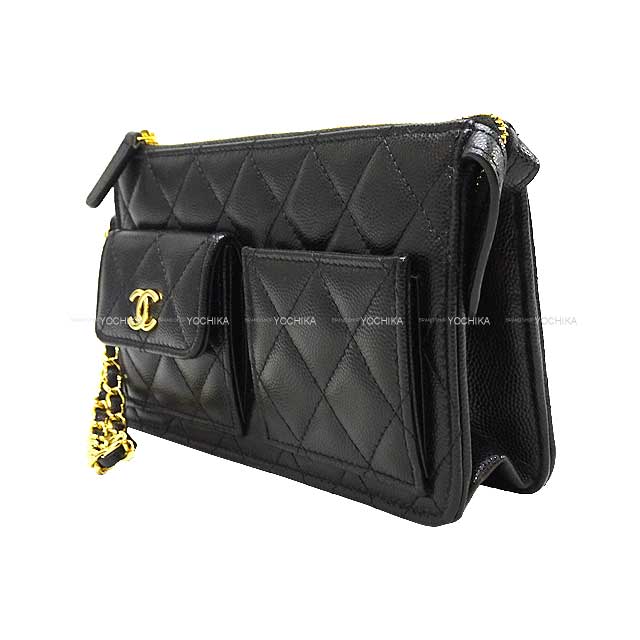 CHANEL Clutch bag Matelasse COCO mark Porch bag with chain Noir (Black) Graind Calf(Caviarskin) Gold HW AP3466[EXCELLENT][]