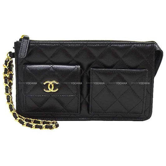 CHANEL Clutch bag Matelasse COCO mark Porch bag with chain Noir (Black) Graind Calf(Caviarskin) Gold HW AP3466[EXCELLENT][]