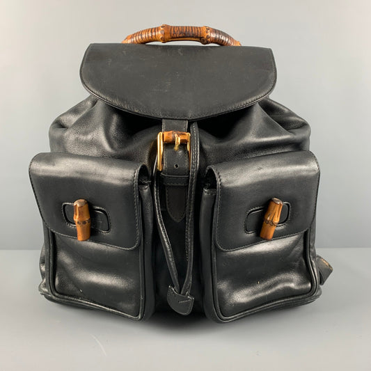 GUCCI Black Leather Bamboo Backpack Handbag