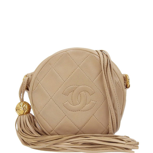 CHANEL Around 1990 Made Round Cc Mark Stitch Tassel Shoulder Bag Beige