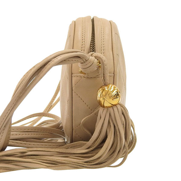 CHANEL Around 1990 Made Round Cc Mark Stitch Tassel Shoulder Bag Beige