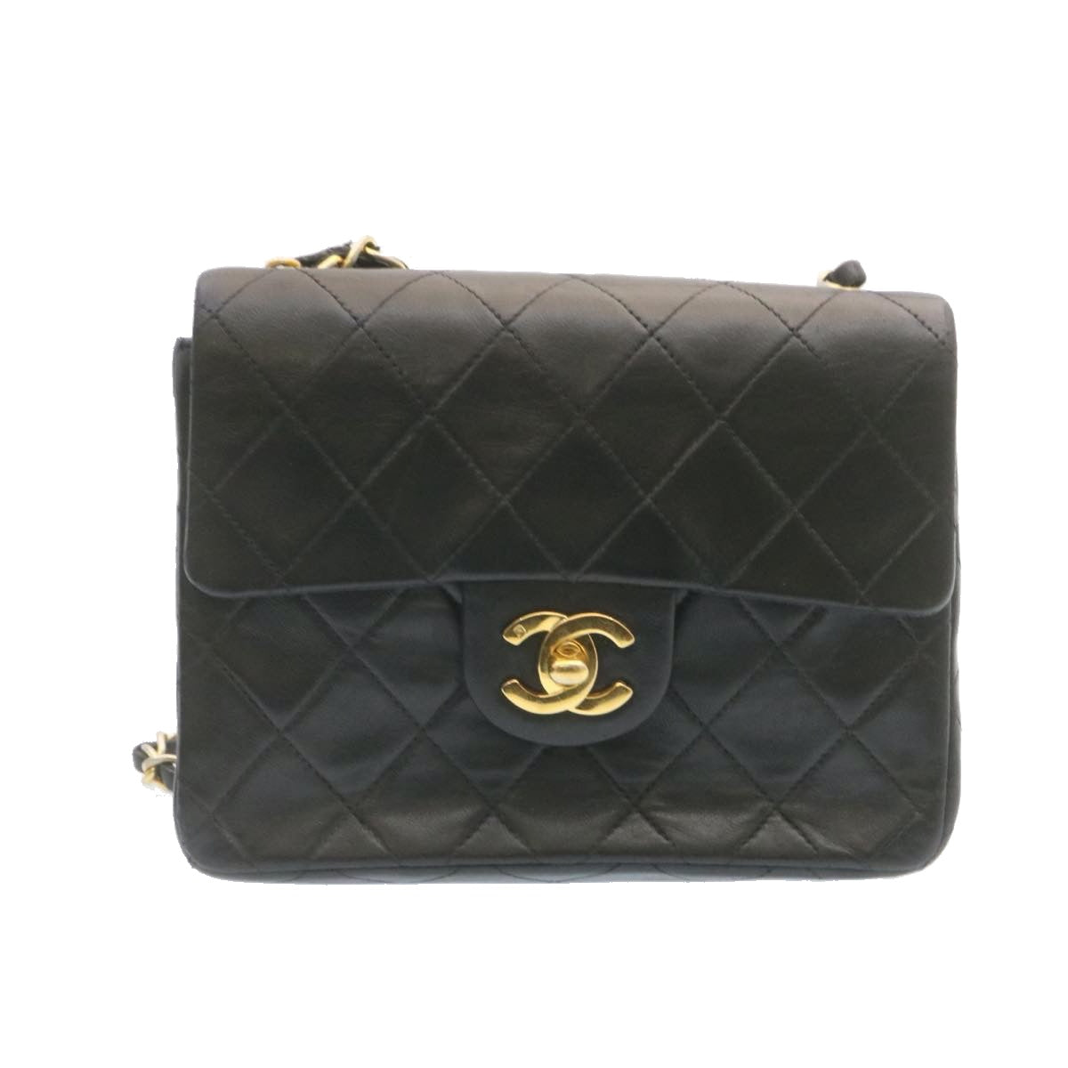 CHANEL Lamb Skin Matelasse Chain Flap Shoulder Bag Black CC Auth 25502A