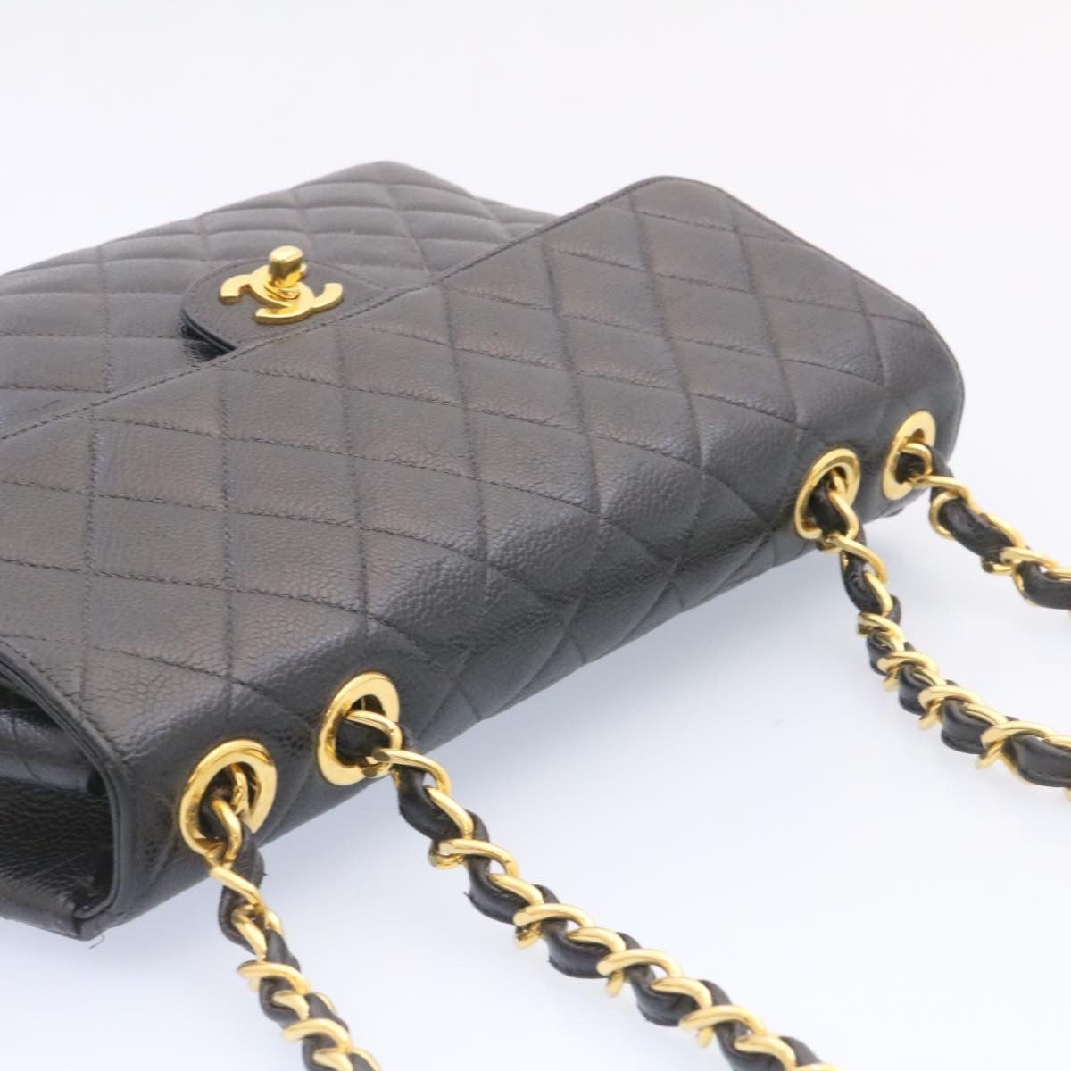 CHANEL Big Matelasse Flap Chain Shoulder Bag Caviar Skin Black Gold Auth 25984A