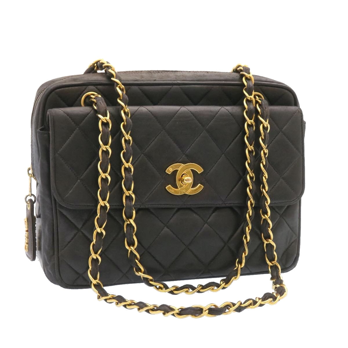 CHANEL Lamb Skin Matelasse Chain Shoulder Bag Black Gold CC Auth 26128A