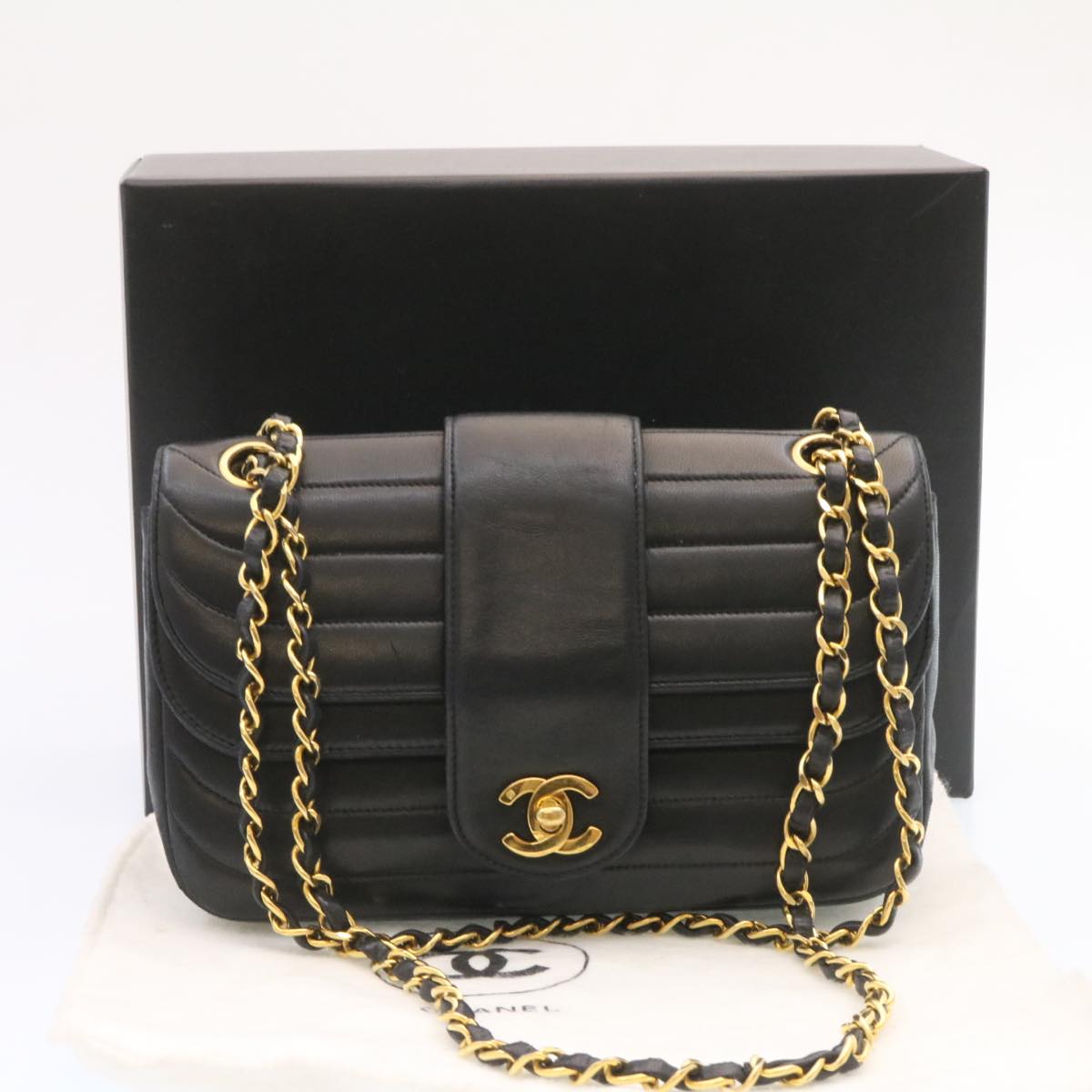 CHANEL Lamb Skin Double Flap Chain Shoulder Bag Black CC Auth 26207A