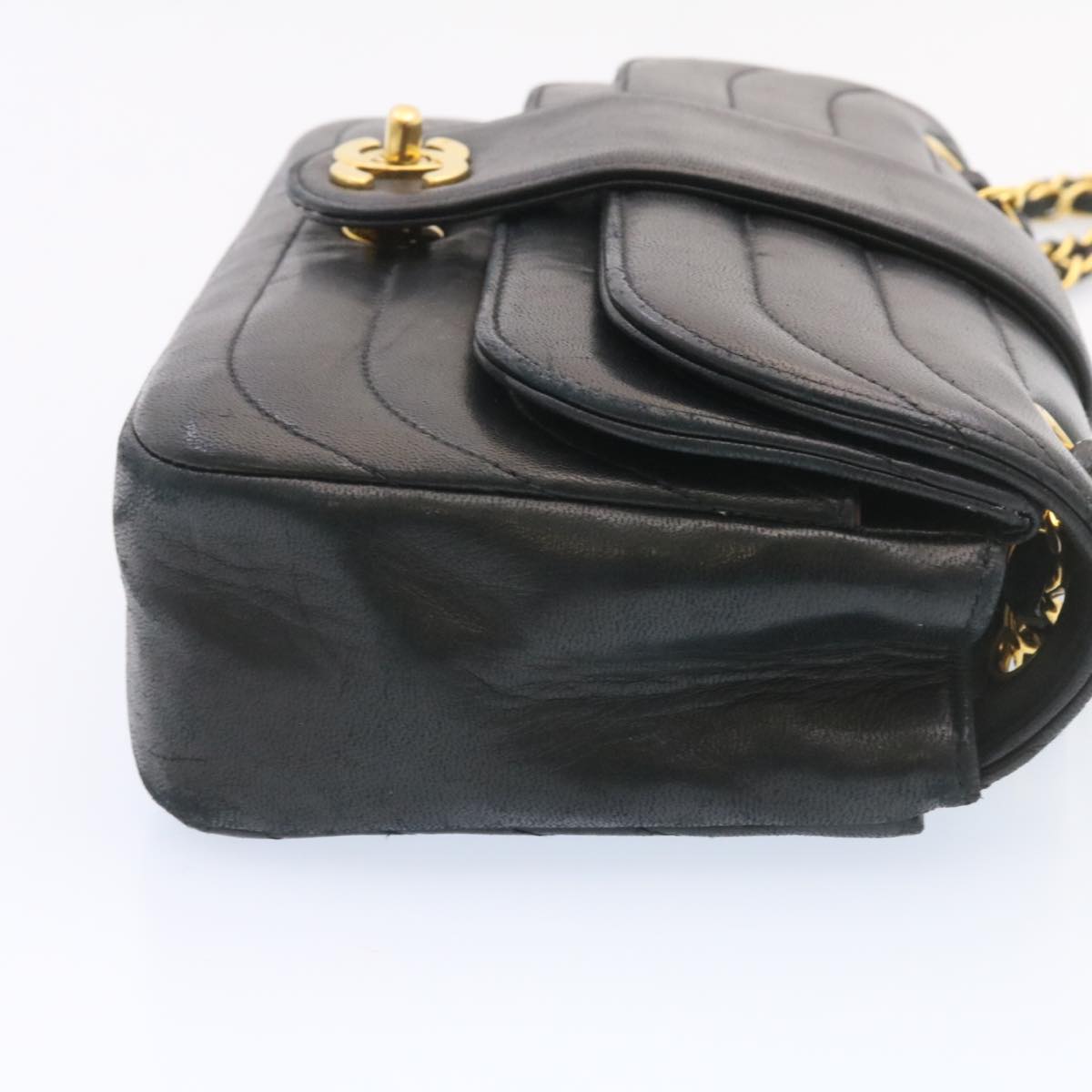 CHANEL Lamb Skin Double Flap Chain Shoulder Bag Black CC Auth 26207A