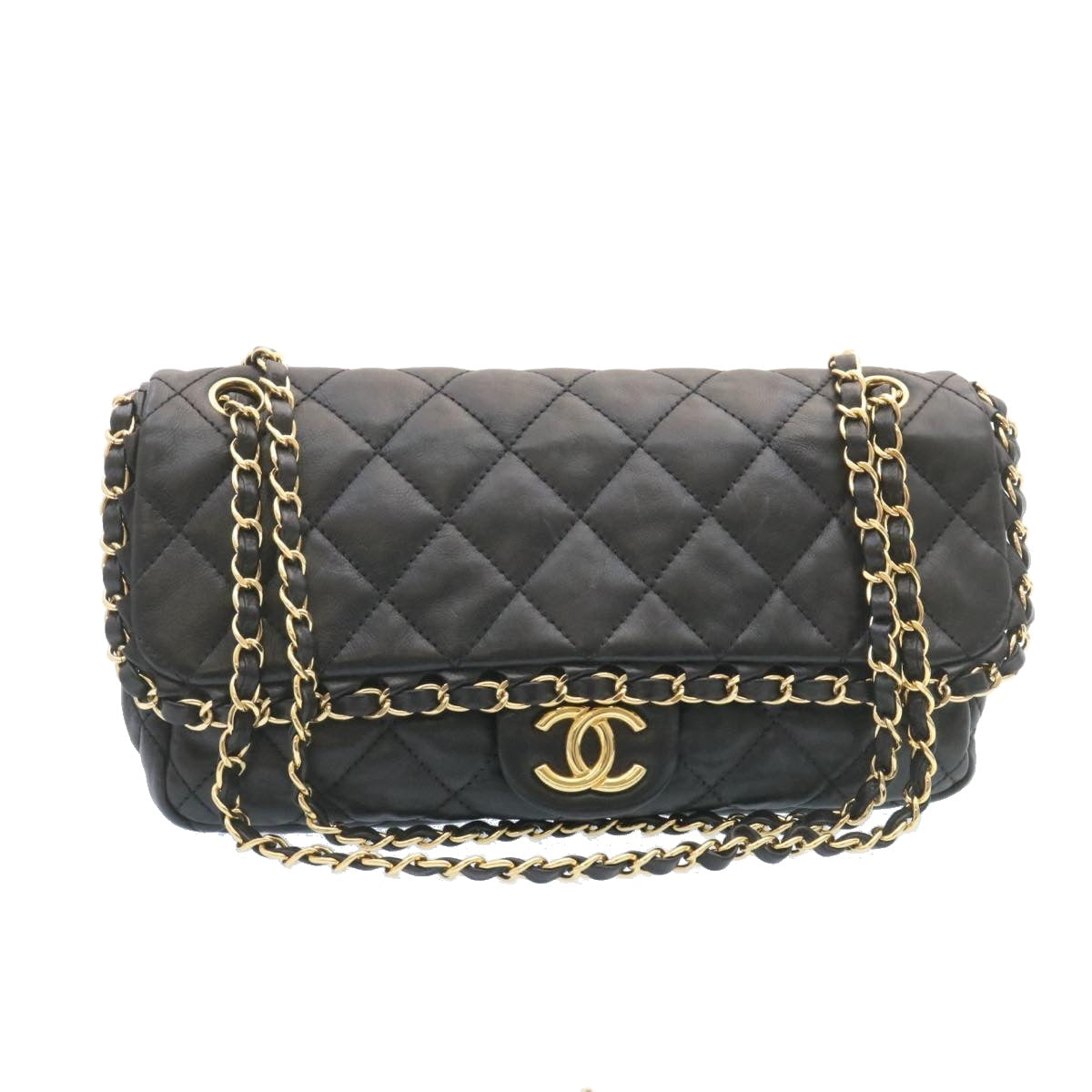 CHANEL Matelasse Chain Flap Shoulder Bag Lamb Skin Black Gold CC Auth 27027A