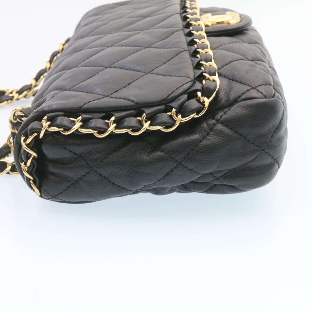 CHANEL Matelasse Chain Flap Shoulder Bag Lamb Skin Black Gold CC Auth 27027A