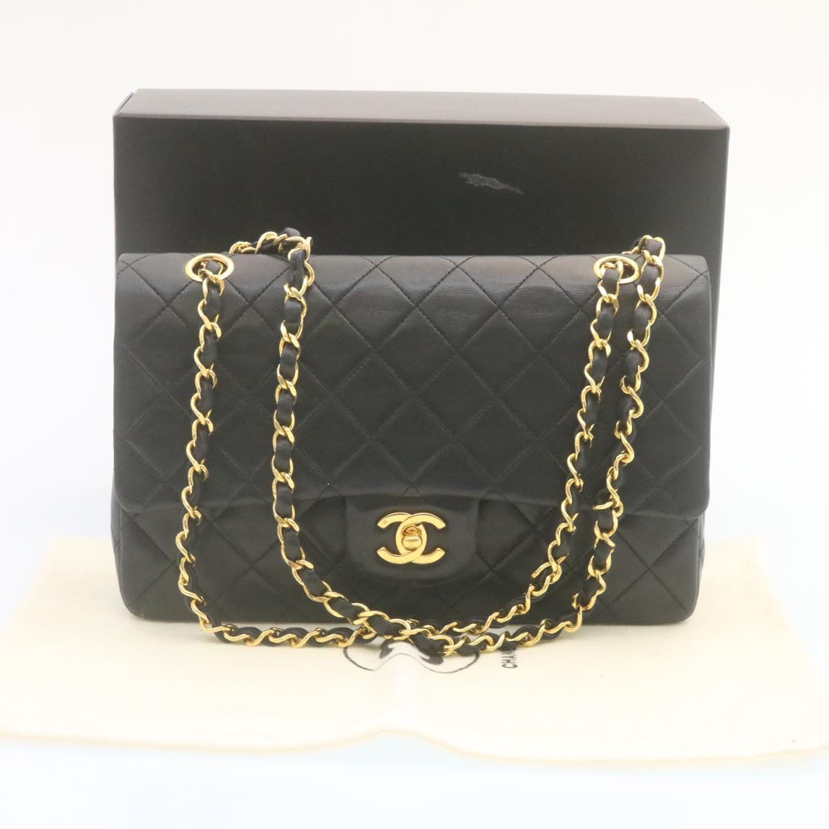 CHANEL Classic Matelasse 25 Chain Flap Shoulder Bag Lamb Skin Black Auth 27848A