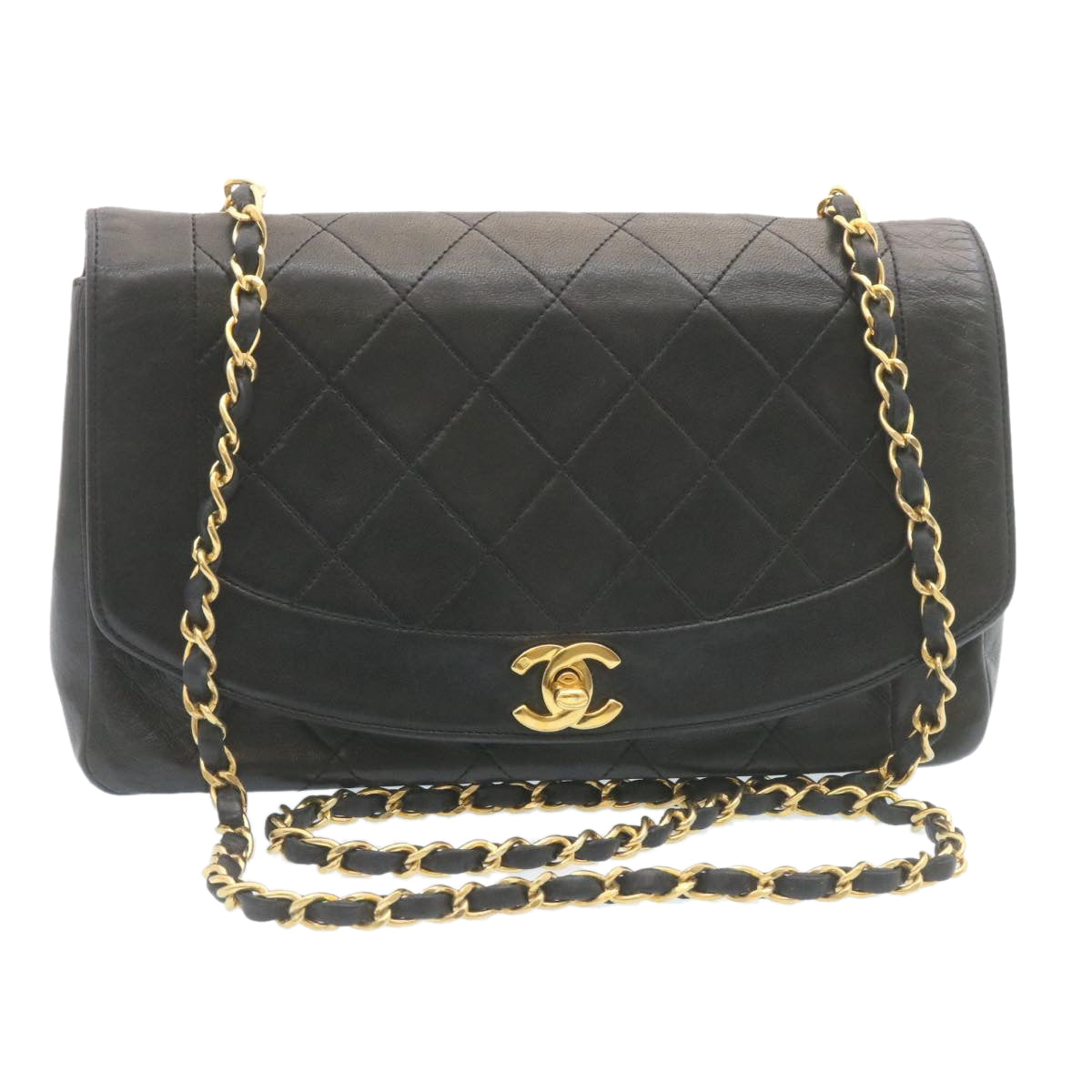 CHANEL Chain Turn Lock Diana Matelasse Shoulder Bag Lamb Skin Black Auth 28282A