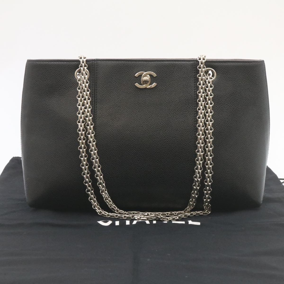 CHANEL Caviar Skin Chain Shoulder Bag Leather Black CC Auth 28395A