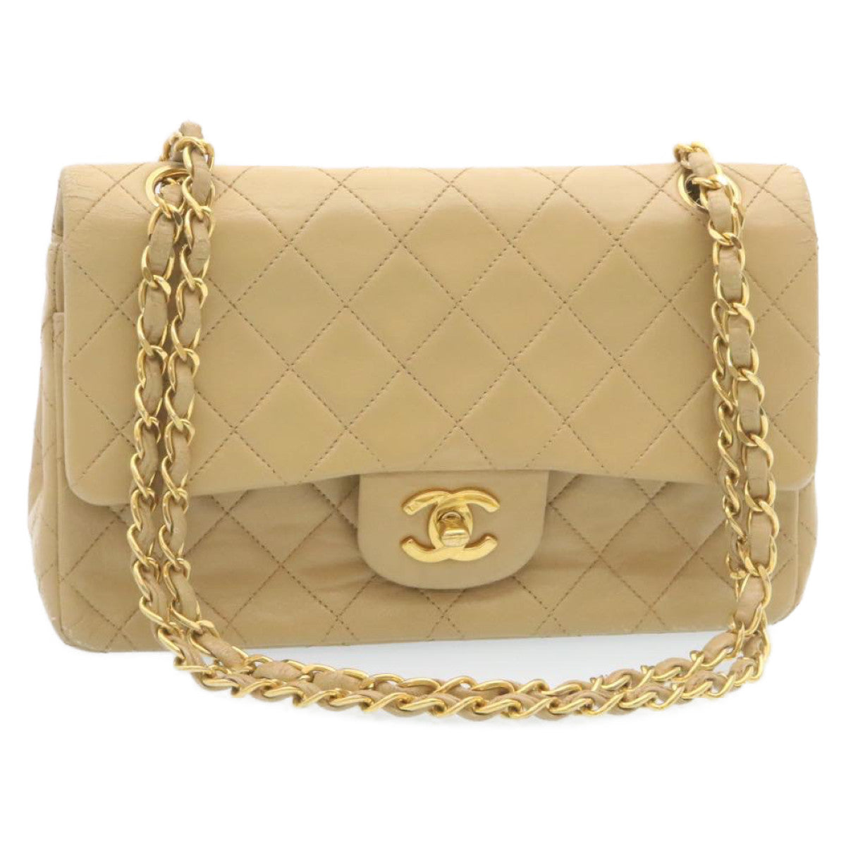 CHANEL Classic Matelasse23 Chain Flap Shoulder Bag Lamb Skin Beige Auth 28468