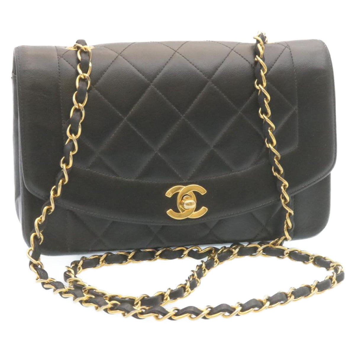 CHANEL Chain Turn Lock Diana Matelasse Shoulder Bag Lamb Skin Black Auth 28470A