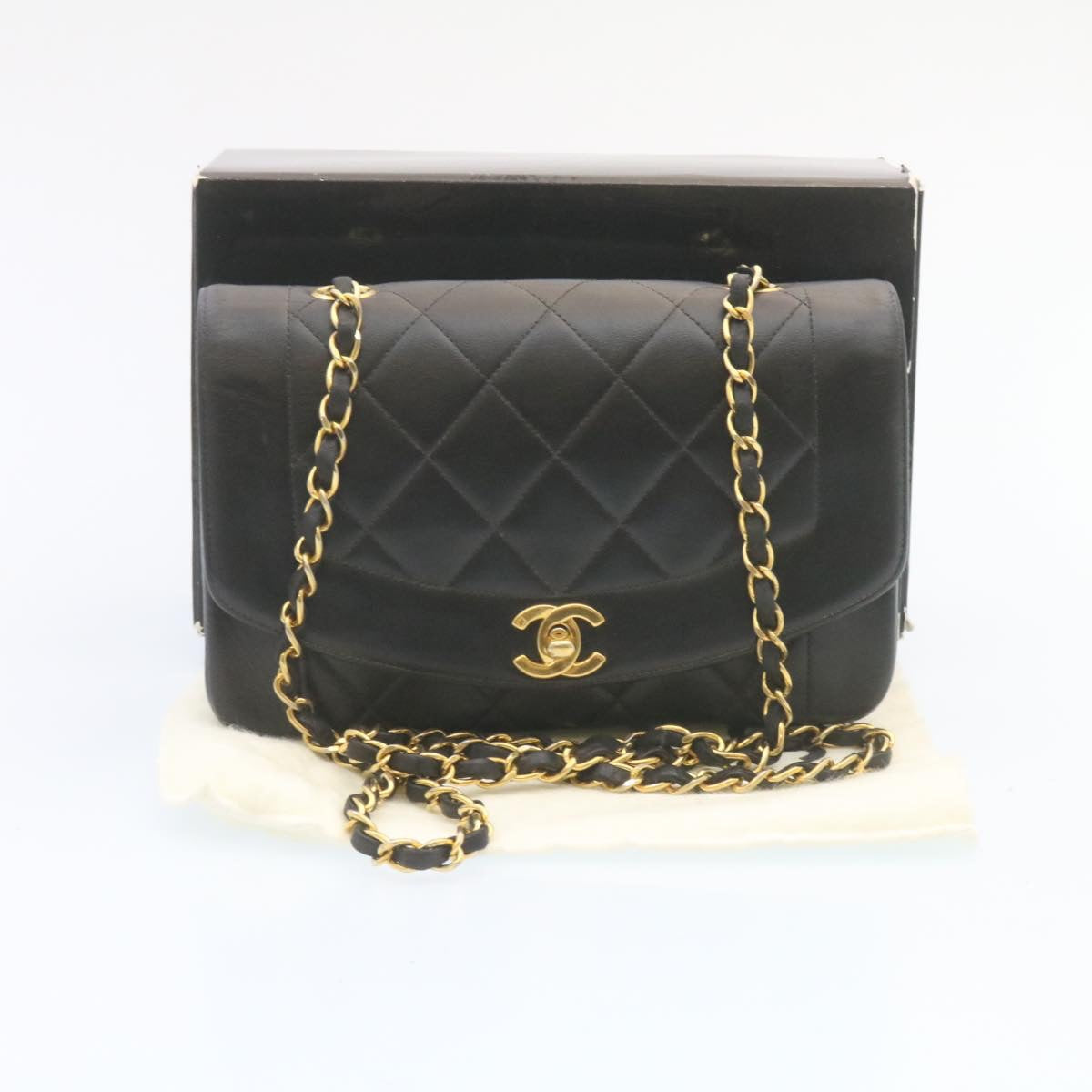 CHANEL Chain Turn Lock Diana Matelasse Shoulder Bag Lamb Skin Black Auth 28470A