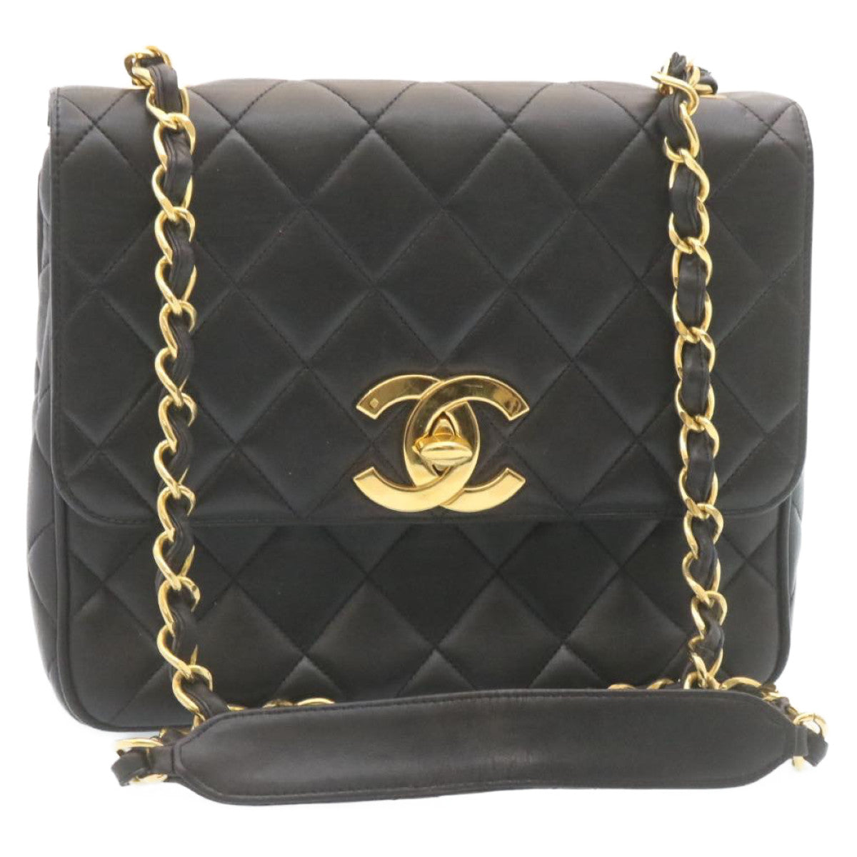 CHANEL Matelasse Chain Flap Shoulder Bag Lamb Skin Black Gold CC Auth 28632A