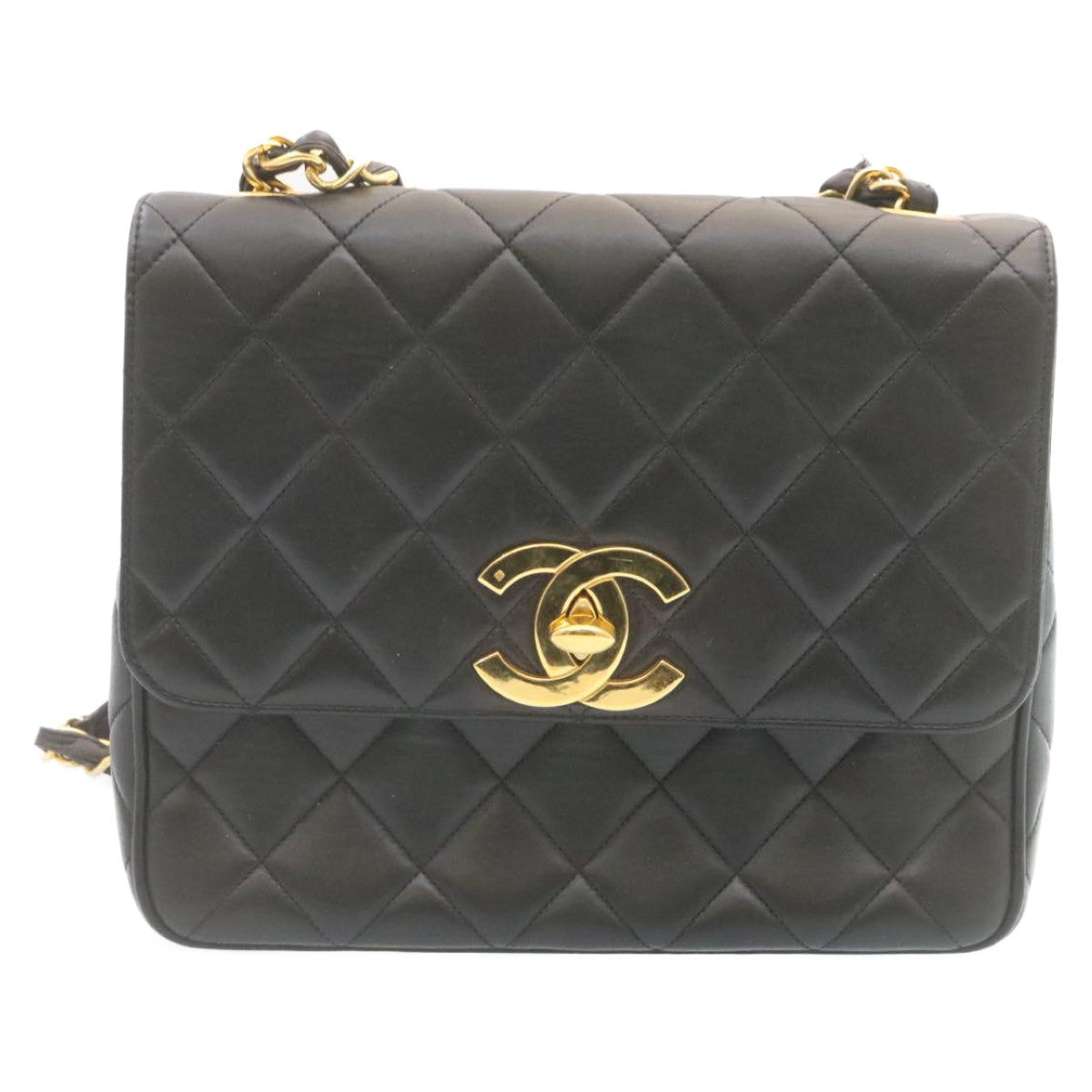 CHANEL Matelasse Chain Flap Shoulder Bag Lamb Skin Black Gold CC Auth 28632A