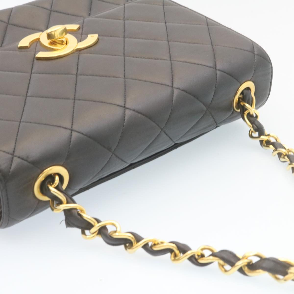 CHANEL Matelasse Chain Flap Shoulder Bag Lamb Skin Black Gold CC Auth 28632A