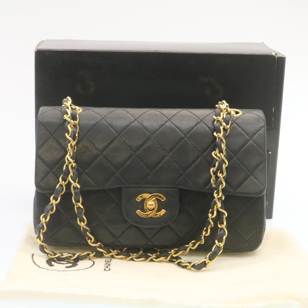 CHANEL Classic Matelasse 23 Chain Flap Shoulder Bag Lamb Skin Black Auth 28634A