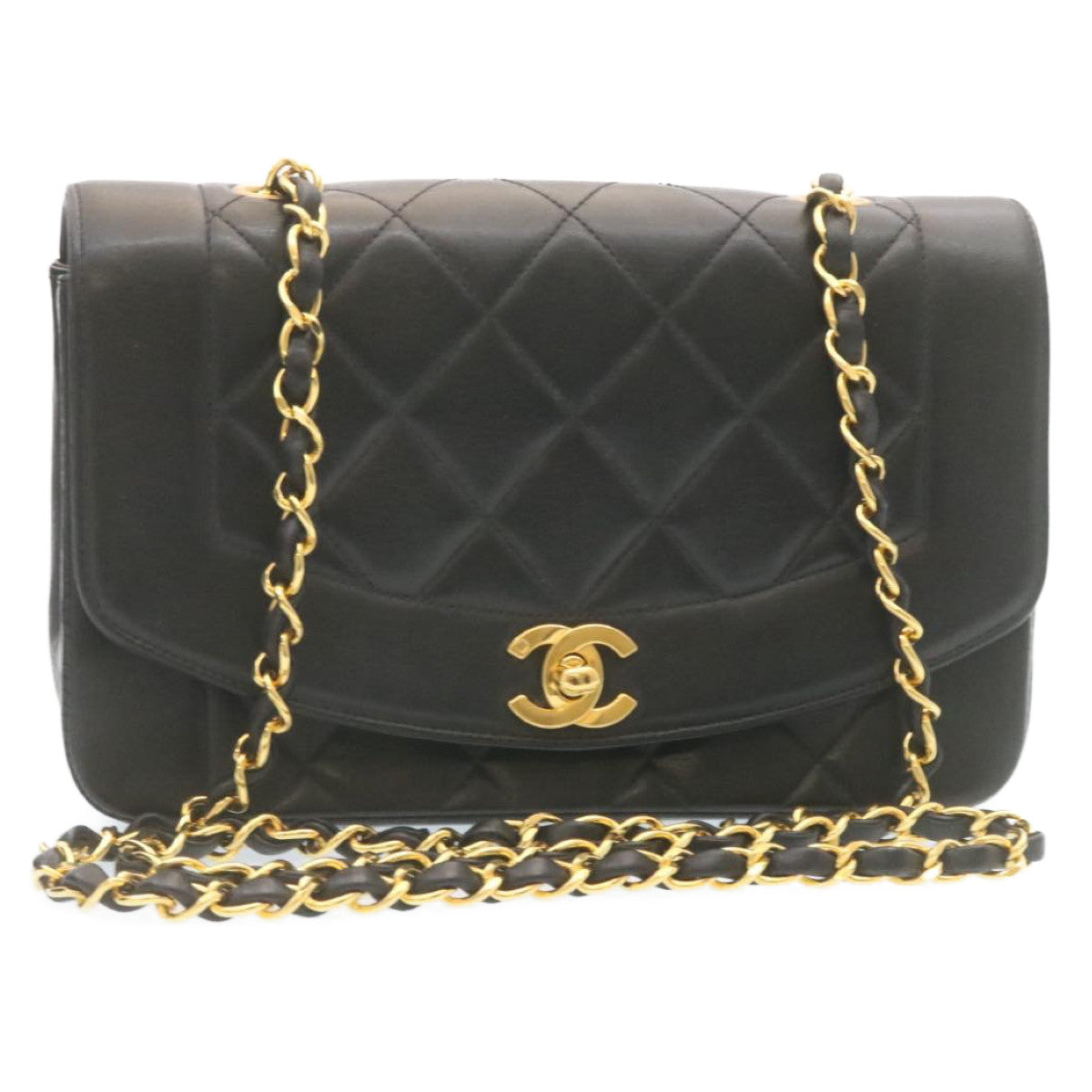 CHANEL Chain Turn Lock Diana Matelasse Shoulder Bag Lamb Skin Black Auth 28643A