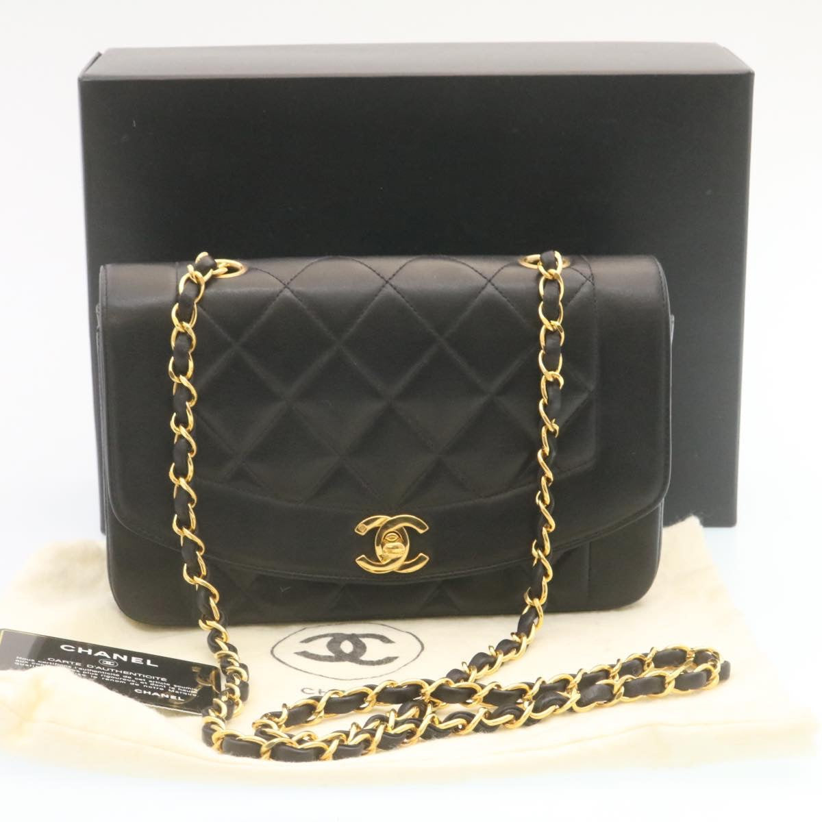 CHANEL Chain Turn Lock Diana Matelasse Shoulder Bag Lamb Skin Black Auth 28643A