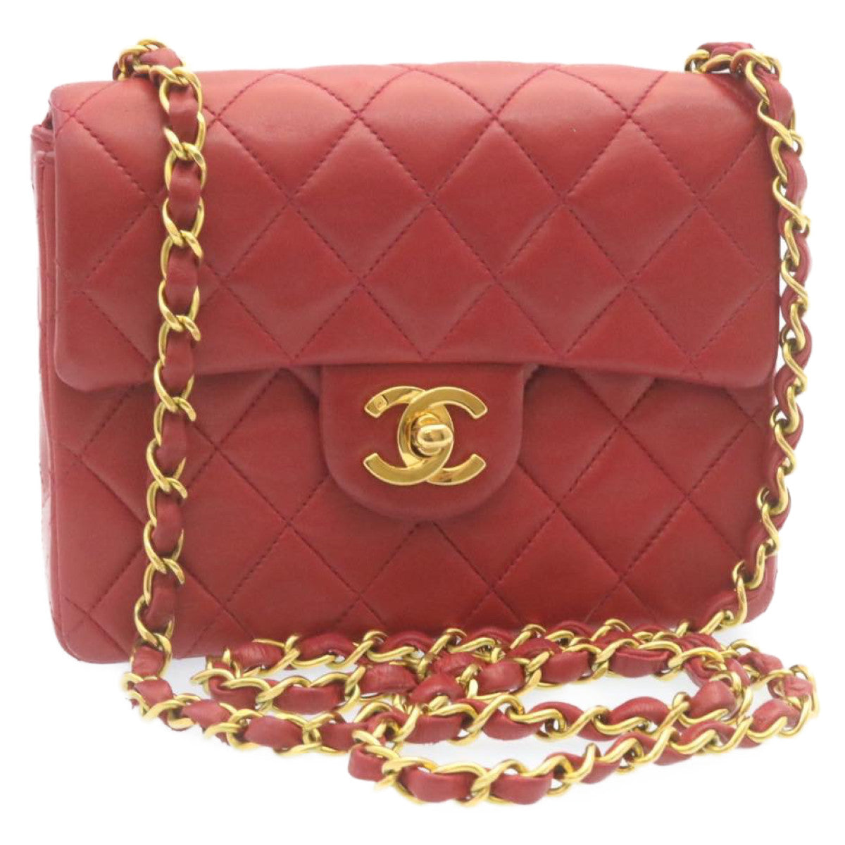 CHANEL Matelasse Chain Flap Shoulder Bag Lamb Skin Turn Lock Red CC Auth 28661A