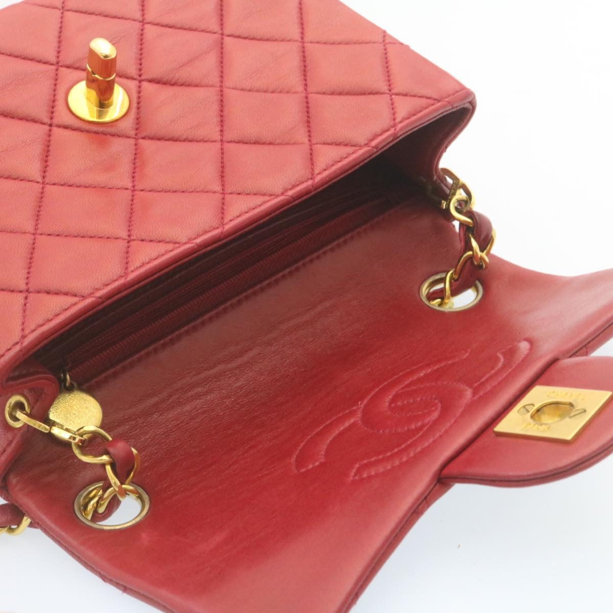 CHANEL Matelasse Chain Flap Shoulder Bag Lamb Skin Turn Lock Red CC Auth 28661A