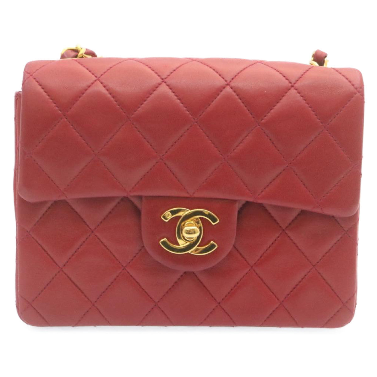 CHANEL Matelasse Chain Flap Shoulder Bag Lamb Skin Turn Lock Red CC Auth 28661A