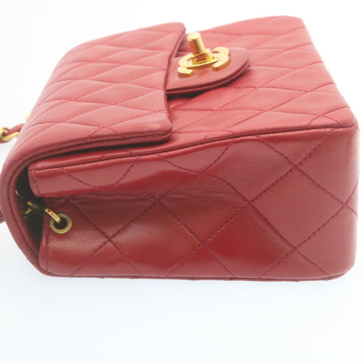 CHANEL Matelasse Chain Flap Shoulder Bag Lamb Skin Turn Lock Red CC Auth 28661A