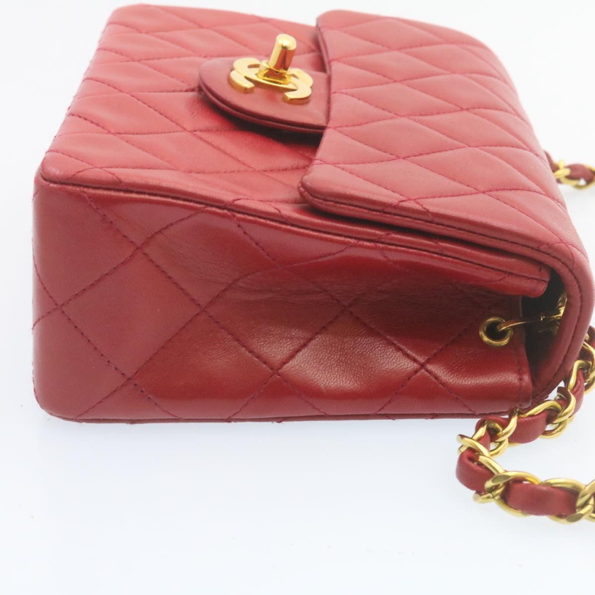 CHANEL Matelasse Chain Flap Shoulder Bag Lamb Skin Turn Lock Red CC Auth 28661A