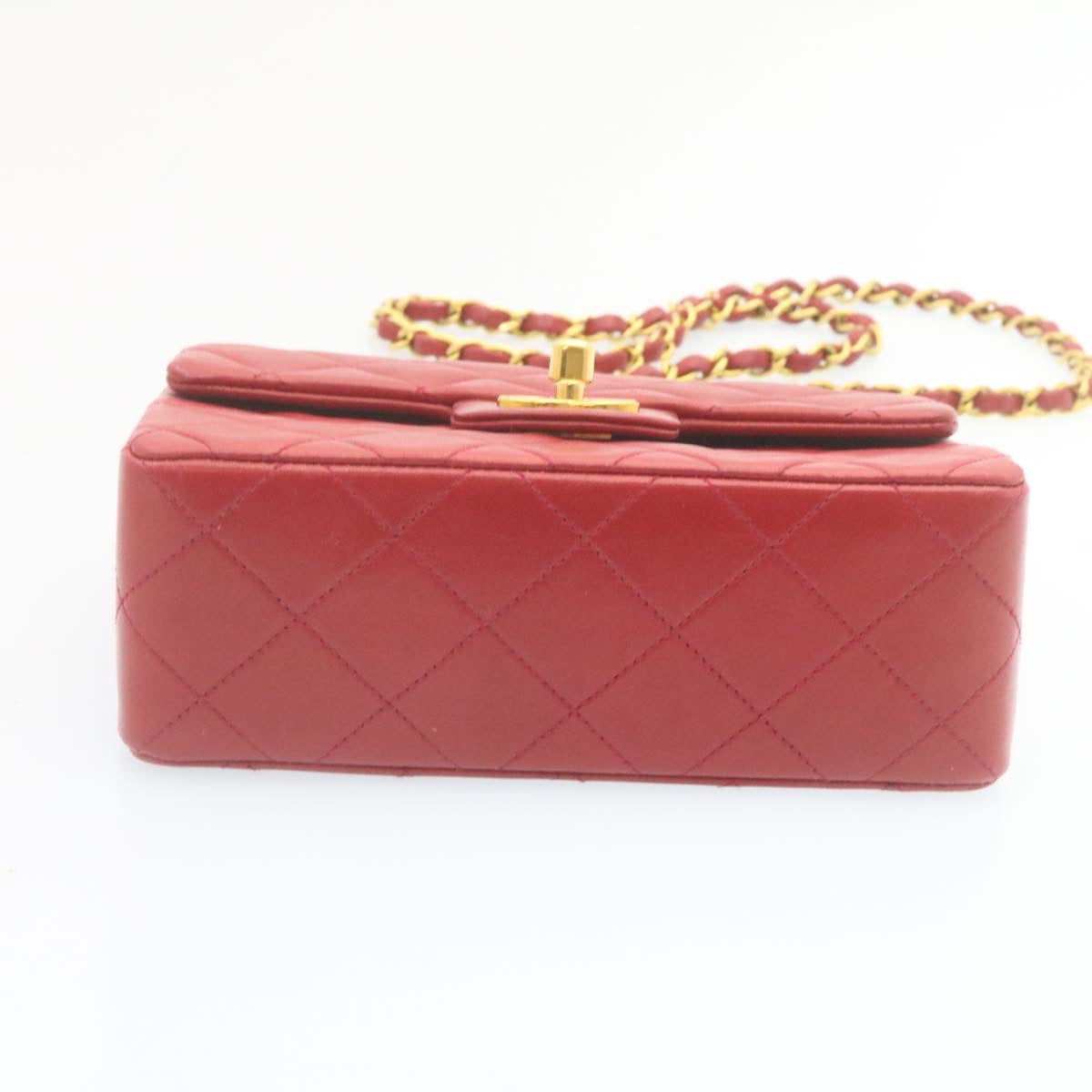 CHANEL Matelasse Chain Flap Shoulder Bag Lamb Skin Turn Lock Red CC Auth 28661A