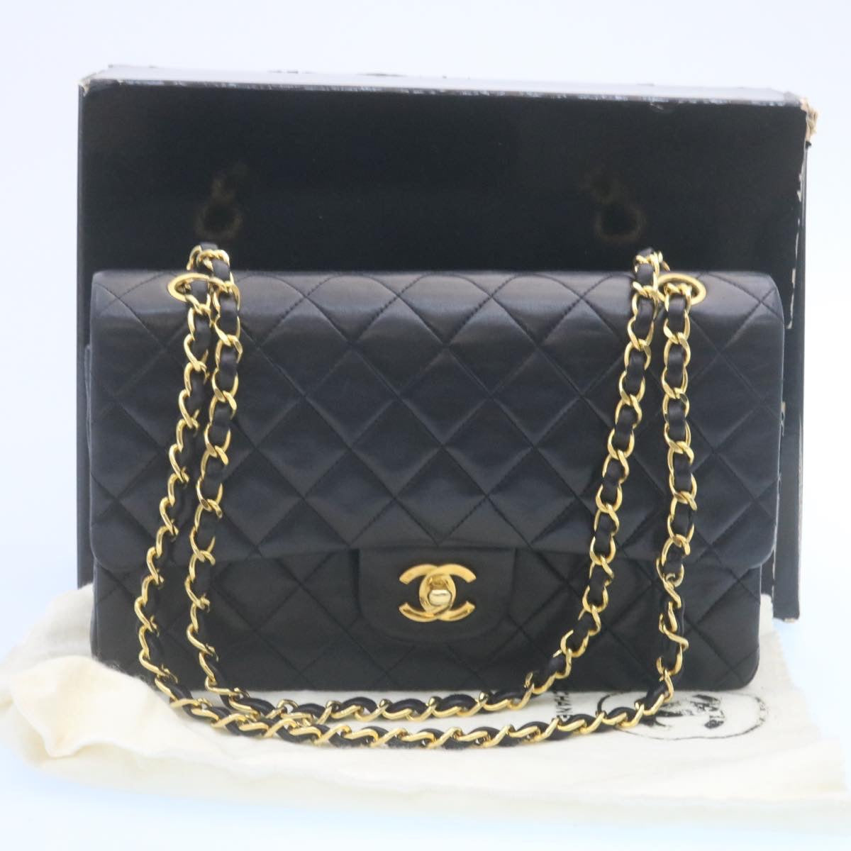 CHANEL Classic Matelasse 25 Chain Flap Shoulder Bag Lamb Skin Black Auth 29001A