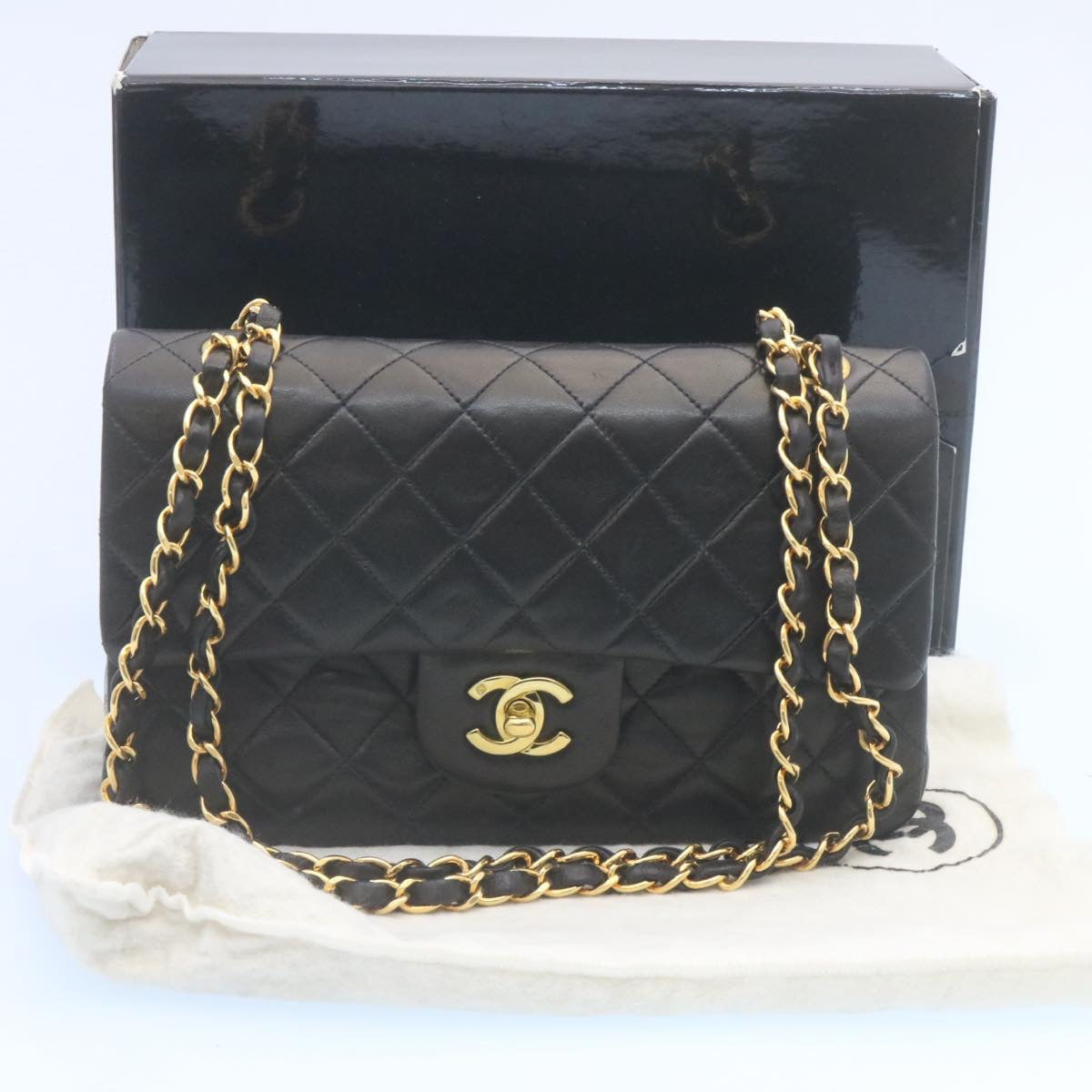 CHANEL Classic Matelasse 23 Chain Flap Shoulder Bag Lamb Skin Black Auth 29002A