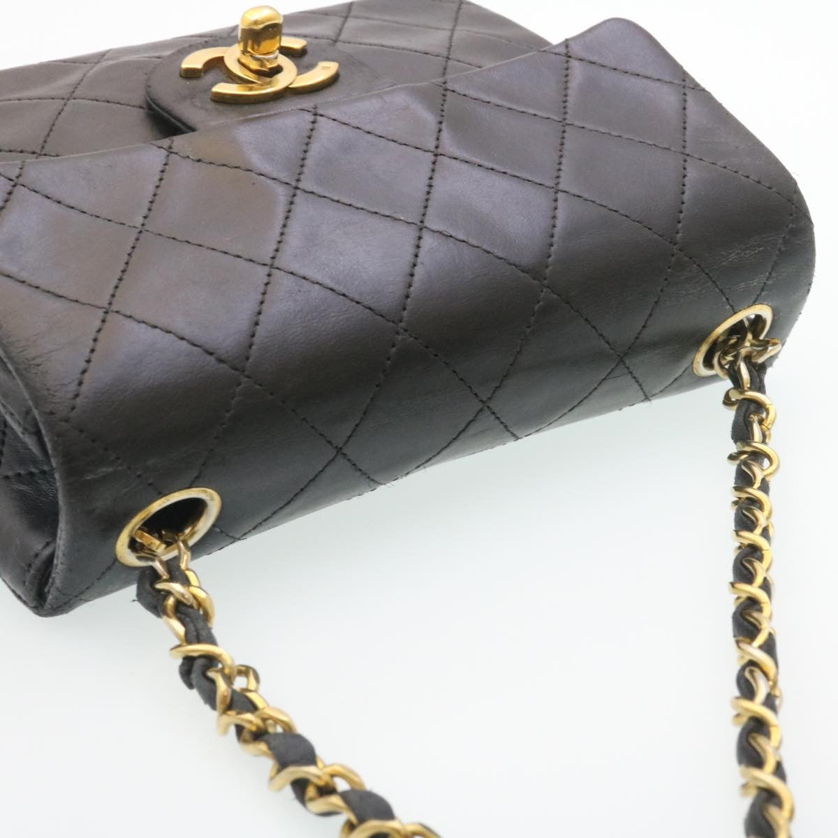 CHANEL Mini Matelasse Chain Flap Shoulder Bag Lamb Skin Black Gold Auth 29069A