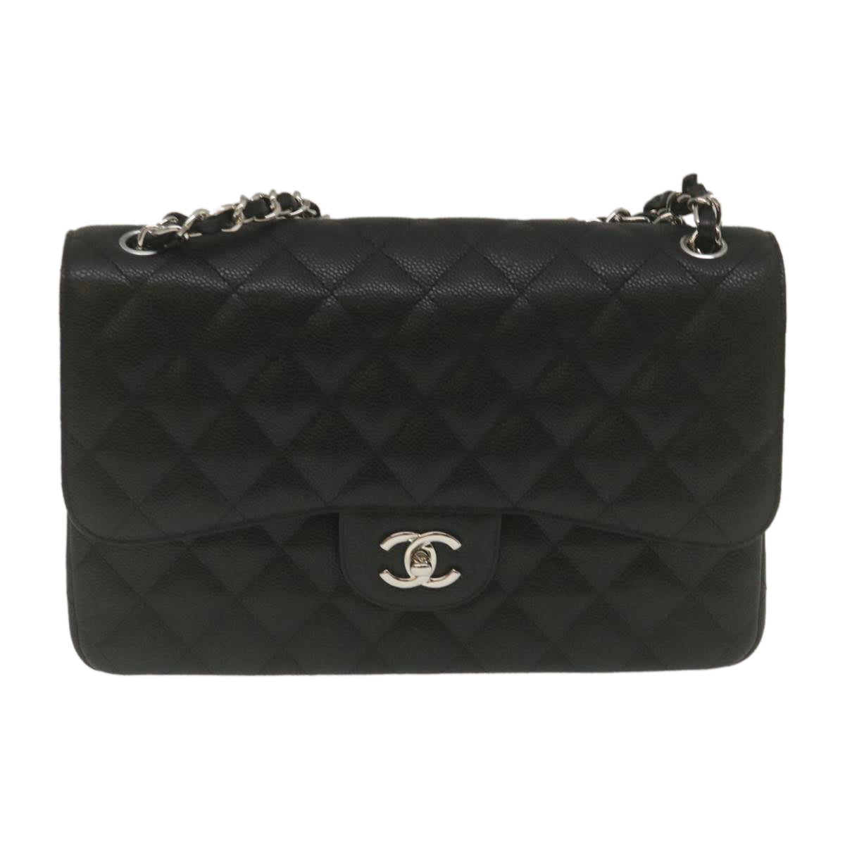 CHANEL Caviar Skin Chain Double Flap Big Matelasse ShoulderBag Black Auth 29507A