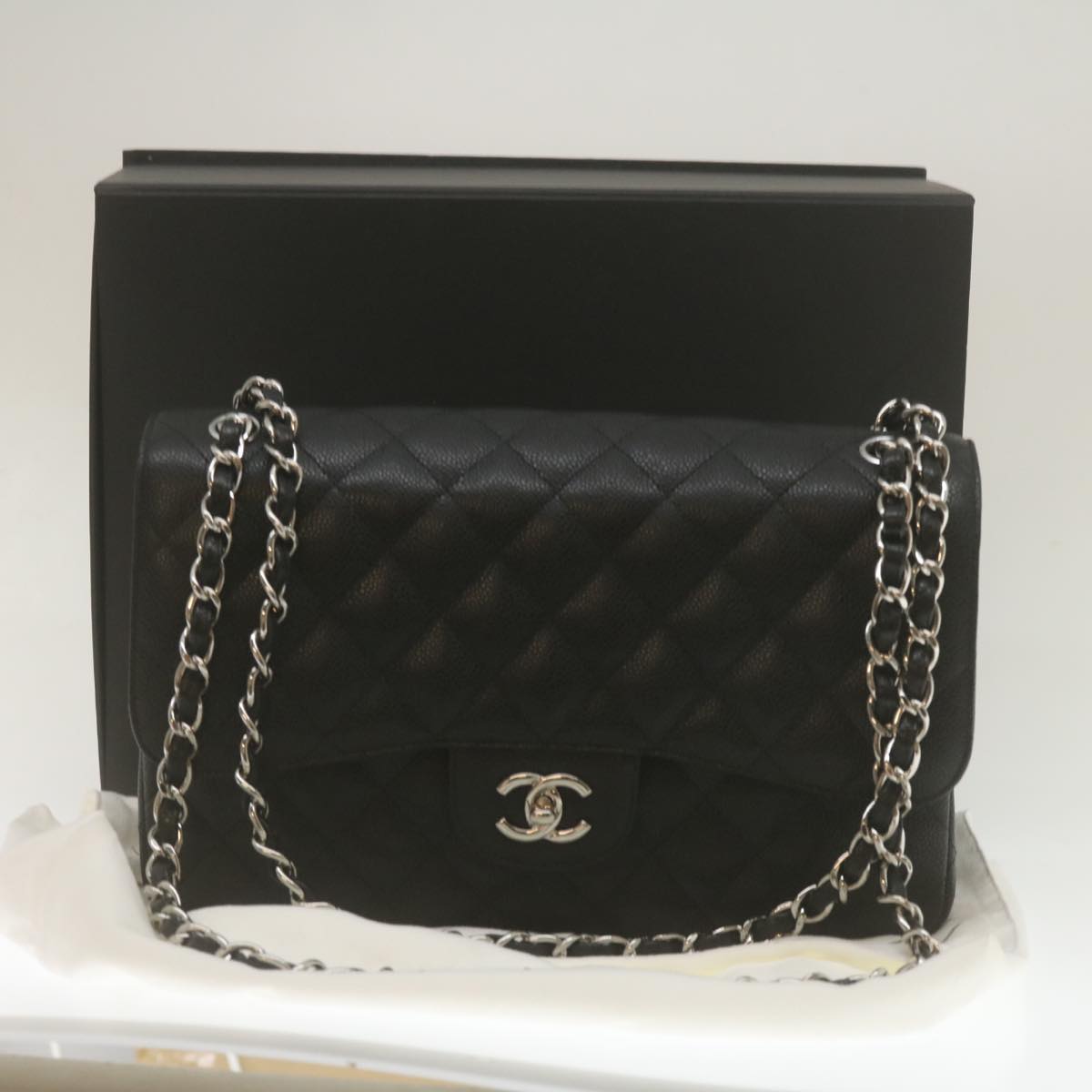 CHANEL Caviar Skin Chain Double Flap Big Matelasse ShoulderBag Black Auth 29507A