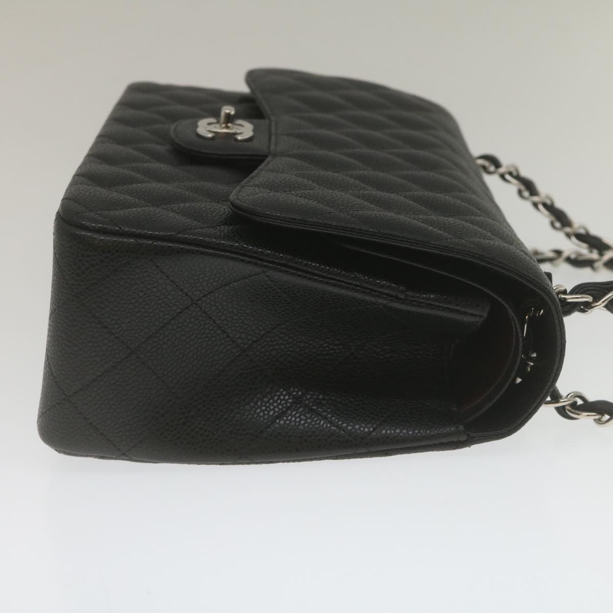 CHANEL Caviar Skin Chain Double Flap Big Matelasse ShoulderBag Black Auth 29507A