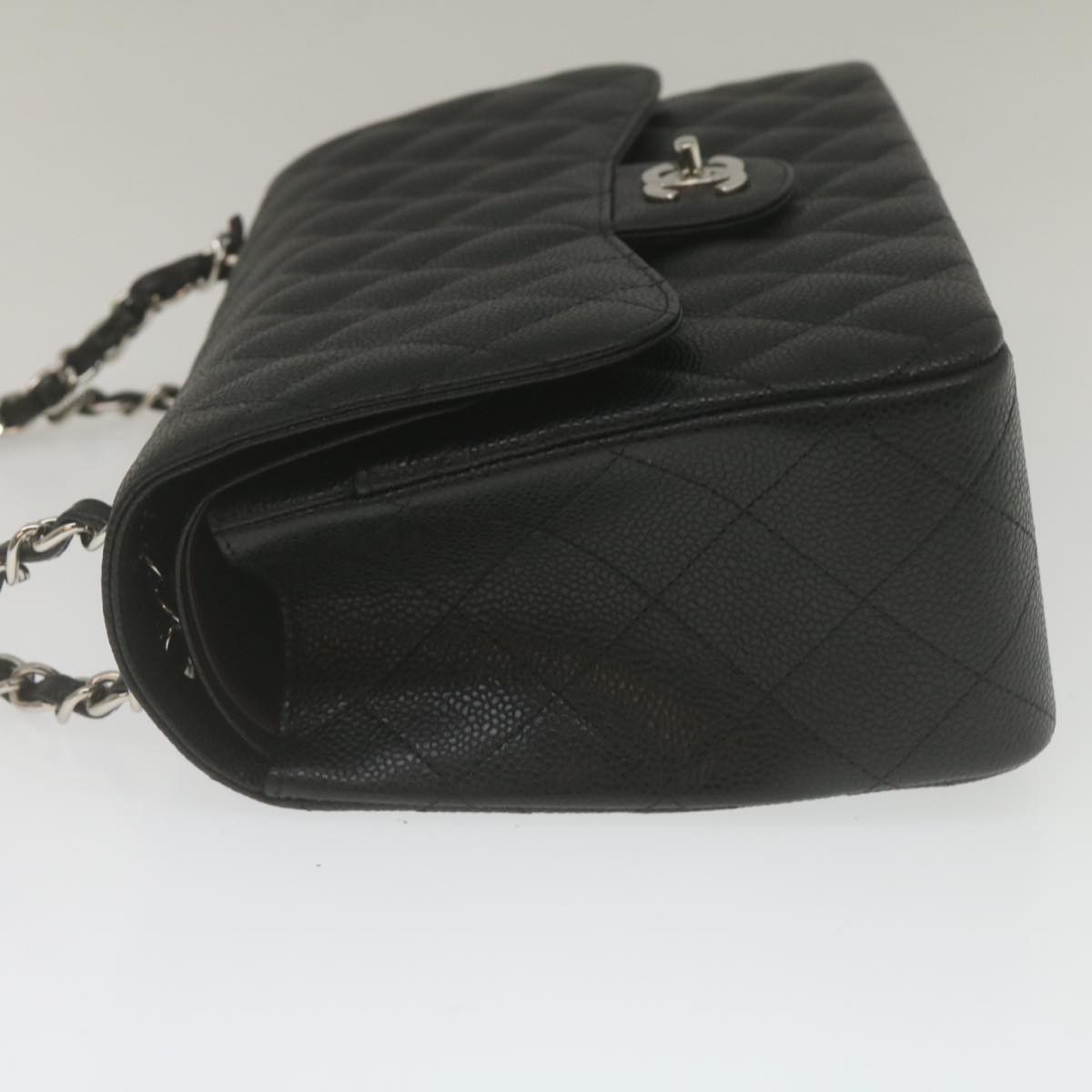 CHANEL Caviar Skin Chain Double Flap Big Matelasse ShoulderBag Black Auth 29507A