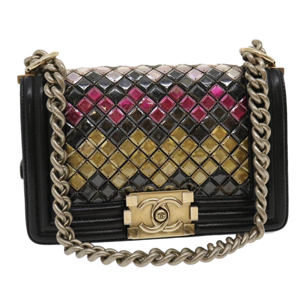 CHANEL Boy  Chain Shoulder Bag Tile Black Multicolor CC Auth 29551A